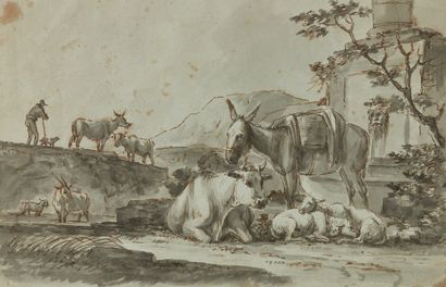 Ecole FRANÇAISE, XVIIIème siècle Pastoral
Ink and bistre wash
21 x 31 cm at sigh...
