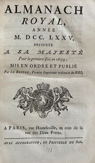 null [ALMANACH]
Almanach royal pour l'an MDCCLXXV. Paris, chez Le breton rue Hautefeuille....