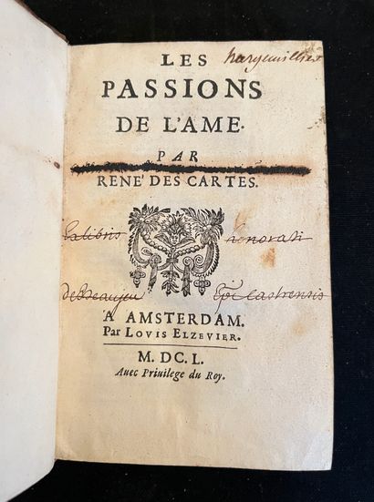 René DESCARTES Les passions de l'âme. Amsterdam, par Elzevier. 1650. In-8 plein veau...