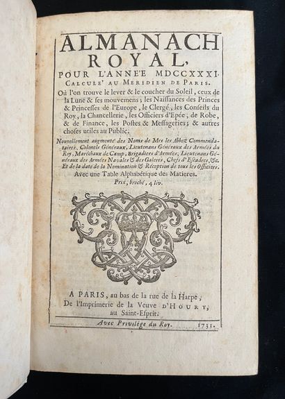 null [ALMANACH]
Almanach royal pour l'an MDCCXXXI. Paris chez veuve d'Houry au Saint-Esprit....