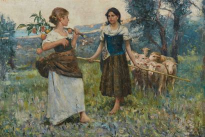 Ecole FRANÇAISE, XXème siècle Shepherds in the field
Oil on canvas
67 x 100 cm