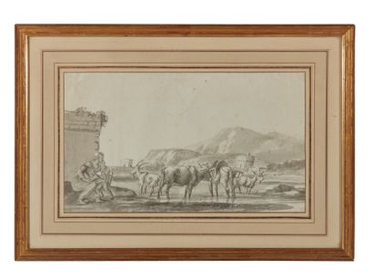 Ecole FRANÇAISE, XVIIIème siècle Animated landscape
Ink and pastel
18 x 30.5 cm ...