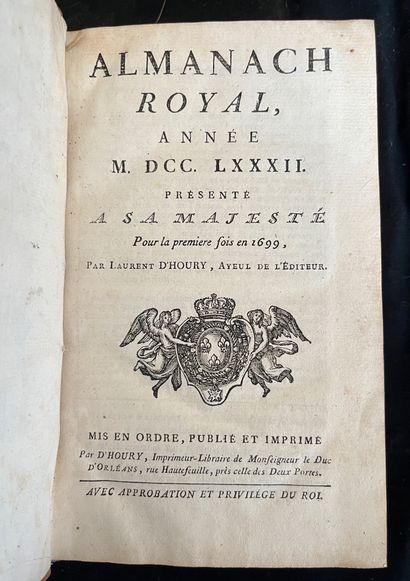 null [ALMANACH]
Almanach royal pour l'an MDCCLXXXII. Paris, chez d'Houry rue Hautefeuille....