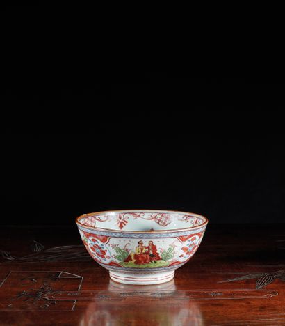 null Porcelain bowl decorated in blue underglaze and overdecorated in Europe in polychrome...