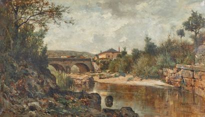 Adolphe APPIAN (1818-1898) View of the bridge at the entrance of the village, 1874
Oil...