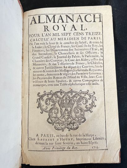 [ALMANACH]
1713年的皇家历书。脊背光滑的半底布，1756年的联合诗意年鉴。巴黎，chez...