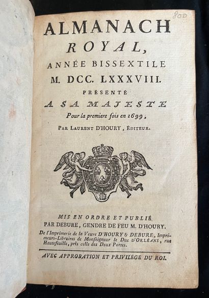 null [ALMANACH]
Almanach royal pour l'an bissextile MDCCLXXXVIII. Paris, chez d'Houry...