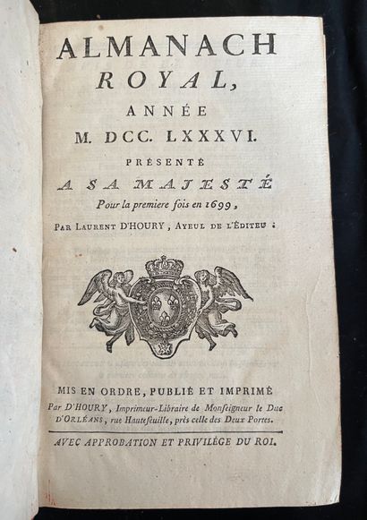 null [ALMANACH]
Almanach royal pour l'an MDCCLXXXVI. Paris, chez d'Houry rue Hautefeuille....