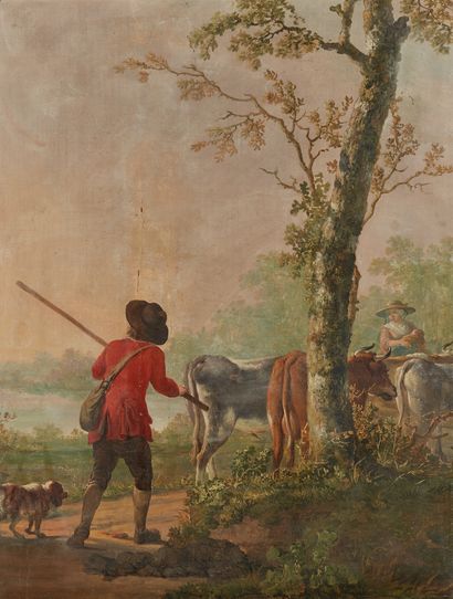 Ecole HOLLANDAISE, fin du XVIIIe siècle Shepherd pushing his flock
Man and his daughter...