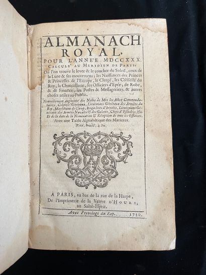 null [ALMANACH]
Almanach royal pour l'an MDCCXXX. Paris chez d'Houry au Saint-Esprit....