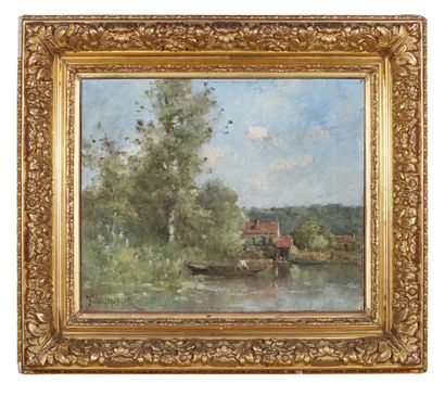 Paul Désiré TROUILLEBERT (1829-1900) Pêcheur dans sa barque
Huile sur toile, signée...