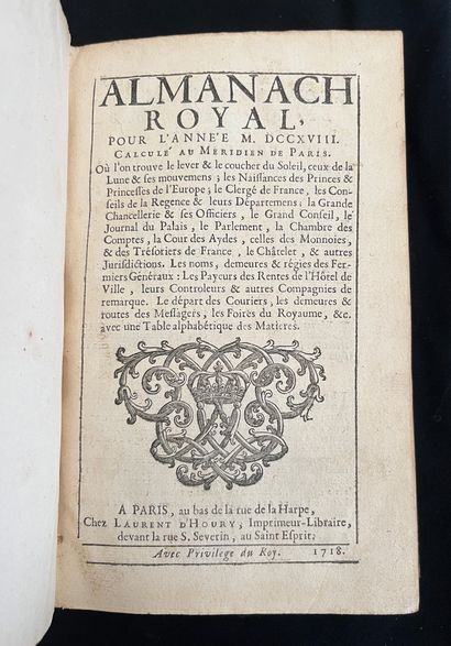 null [ALMANACH]
Almanach royal pour l'an MDCCXVIII. Paris chez Laurent d'Houry au...