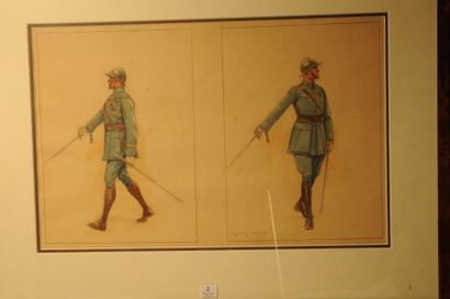 LAJOUX. (E.) Officier français à pied saluant du sabre dans une revue. Vers 1916-1918....