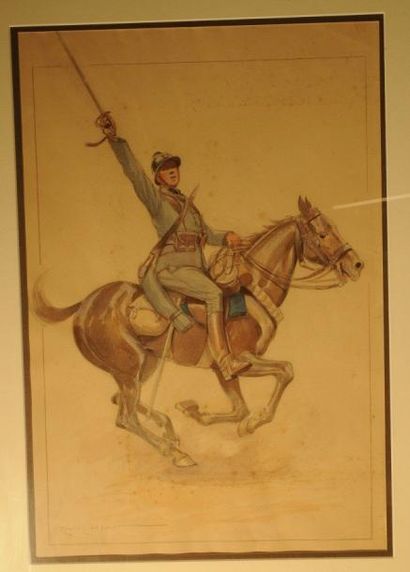 LAJOUX. (E.) Cavalier français chargeant sabre au clair vers 1916-1918. aquarelle...