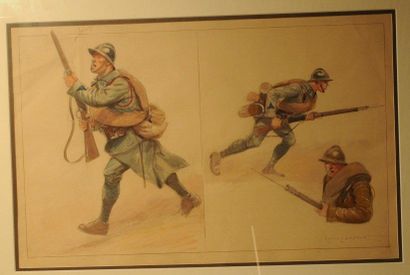 LAJOUX. (E.) Trois fantassins chargeant vers 1916-1918. 94° R.i, 35° R.i (en pied)...