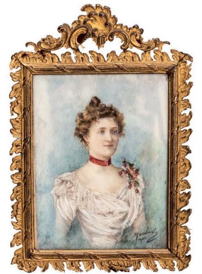 E. JOUBERT, Ecole Française, XIX/XXème siècle «Elégante à la robe blanche» Miniature...