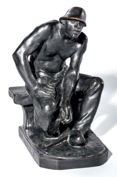 Constantin-Emile MEUNIER (1831-1905) «Paysan assis» Epreuve en bronze à patine noire,...