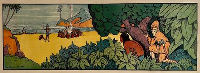 HENRI Frédéric. Robinson Crusoe. 2 decorative panels. Wood engraving. Lithographic...