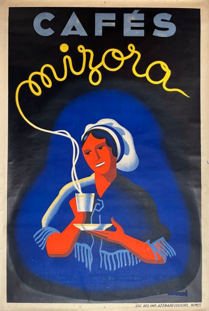 BONARD J. Cafés Mizora. Circa 1935. Lithographic poster. Soc. des Imp. Azémard Cousins...