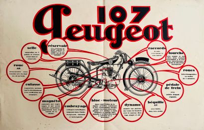 ANONYME. Peugeot 107 motorcycle. Circa 1930. Lithographic poster in red and black....