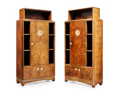 Jules LELEU (1883-1961) Pair of cubic molded storage units in mahogany and burl and... Gazette Drouot