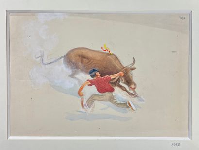 null DUBOUT ALBERT. Reprise de la vachette, 1935. Watercolor, gouache and pencil...