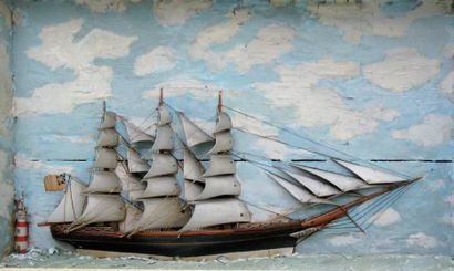 null Diorama d'un «Trois-mâts approchant un phare». Travail de matelot fin XIXème...