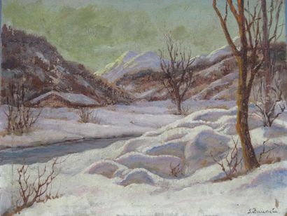 S. JAUNET Ecole FRANÇAISE XXème siècle «Vallée sous la neige» Huile sur isorel signée...