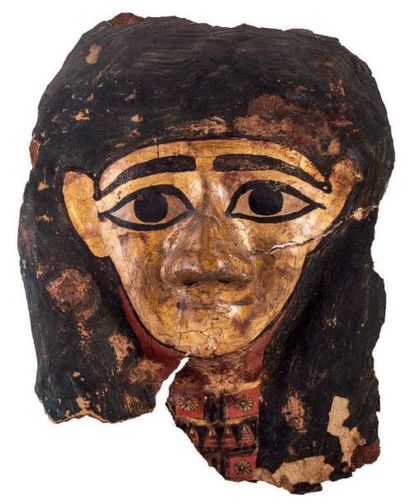 EGYPTE Masque de sarcophage sur cartonnage d'enveloppe de momie à motif de visage...