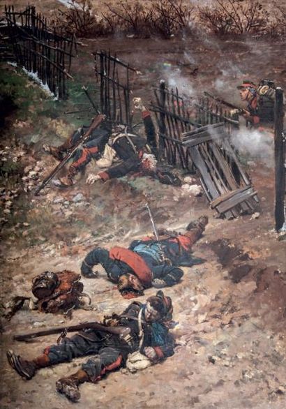 Alphonse de NEUVILLE (1835-1885) "La bataille de Champigny". Huile sur toile. Signature...
