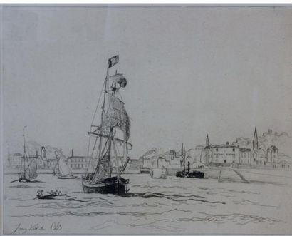 Johan-Barthold JONGKIND (1819-1891) Vue de port, 1863 - Eau-forte 22 x 30,5 cm Marges...
