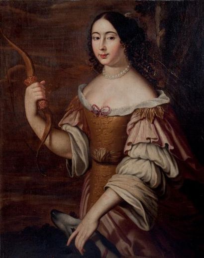 Ecole Italienne vers 1670 «Dame de qualité en Diane» Huile sur toile - 98x81,5cm...
