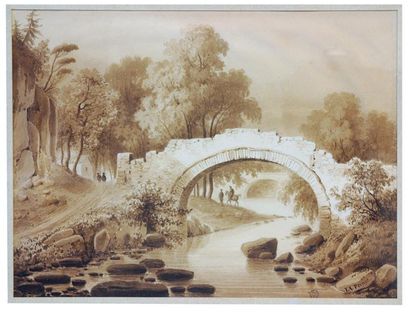 François Alexandre PERNOT (Wassy 1793 - 1865) Paysage au pont avec des ruines Lavis...