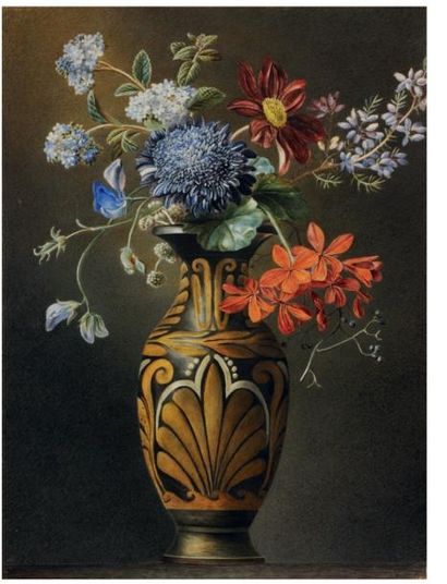 ECOLE FRANCAISE XIXeme SIECLE «Bouquet de fleurs dans un vase à l'antique» Gouache...