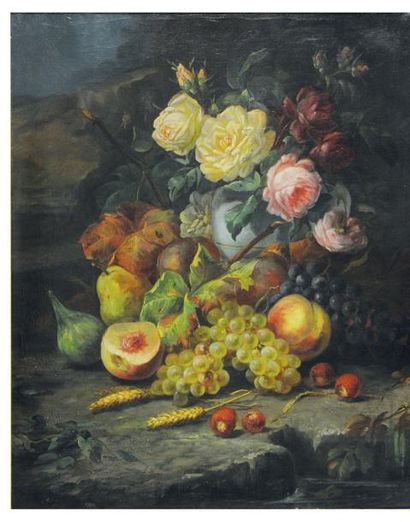 SUREAU «Nature morte aux fruits et bouquet fleuri, 1869» Huile sur toile signée et...