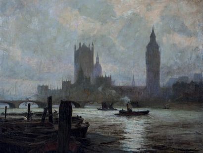 Alfred R KEMPLEN (XIV - XX) «Vues de Londres sur la Tamise» Paire d'huiles sur toile,...