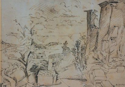 André LHOTE (1885-1962) Vue de Gordes Encre Sépia Signée et située en bas à droite...