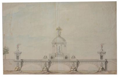 École FRANÇAISE vers 1790 Projet de pont avec un temple à la gloire de la Révolution...