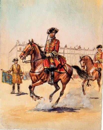 GIRBAL. (Jack) Garde du corps à cheval de Monsieur. Compagnie suisse 1786. Aquarelle...