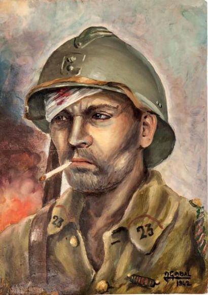 GIRBAL. (Jack) Portrait casqué d'un soldat du 23ème R.I en 1940. Gouache sur papier...