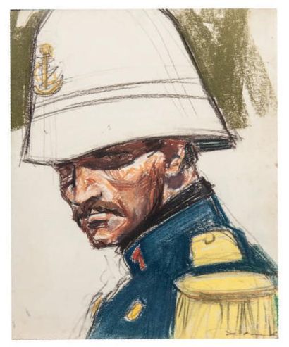 ROSENBERG Portrait d'un soldat de l'infanterie coloniale vers 1900 coiffé du casque...