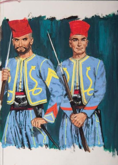 ROSENBERG Deux tirailleurs tunisiens en tenue orientale vers 1930. Gouache originale...
