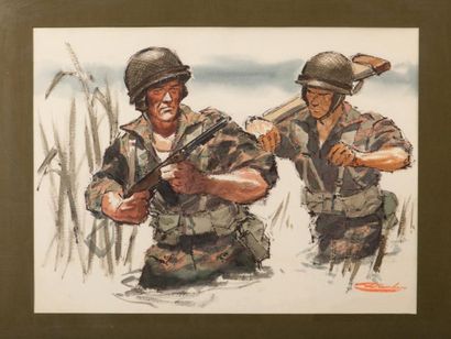 ROSENBERG Indochine 1950. Deux soldats français casqués patrouillant dans un arroyo....