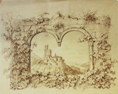 W. HARMES, XIXe siècle Vue d'un château au sommet d'un piton rocheux, 1854 Dessin...