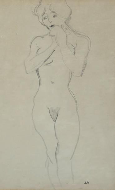 LOUIS VALTAT (1868 - 1952) Nu féminin debout Dessin au crayon monogrammé du cachet...