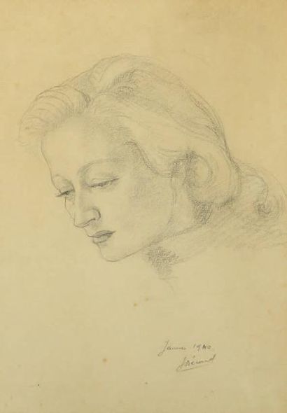 Jean BERARD (actif en 1940) Portrait de femme de profil Dessin au crayon signé en...