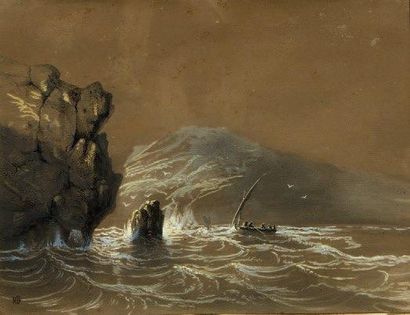 Th éodore GUDIN (1802-1880) Embarcation sous les falaises Dessin à l'estompe et rehauts...