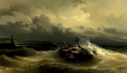 Th éodore GUDIN (1802-1880) Bateau dans la tempête, 1852 Huile sur panneau monogrammée...
