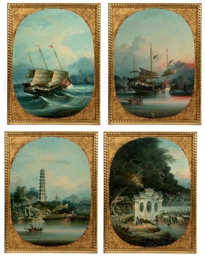 Ecole de Hong Kong circa 1880 Jonc sur mer formée, port, pagode, jonk à sec de voile...