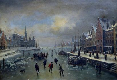 Claude Louis MALBRANCHE (1790-1838) Patineurs sur la rivière gelée Huile sur toile...